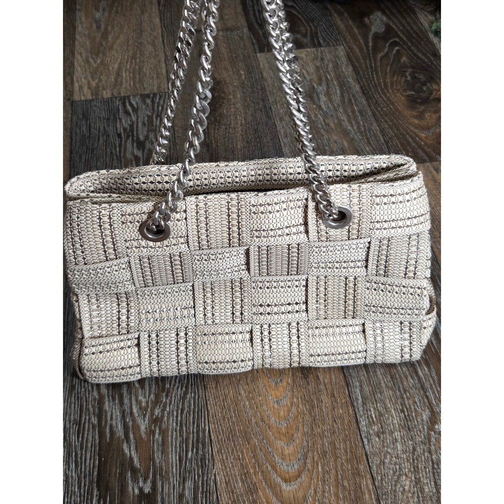 Alma Tonutti Italy Woven Basketweave Shoulder Bag Cream Tan Silver Chain Strap